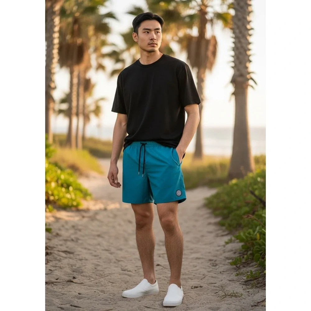 Volcom Board Shorts Medium Teal Blue Elastic Waist Drawstring Surf Trunks